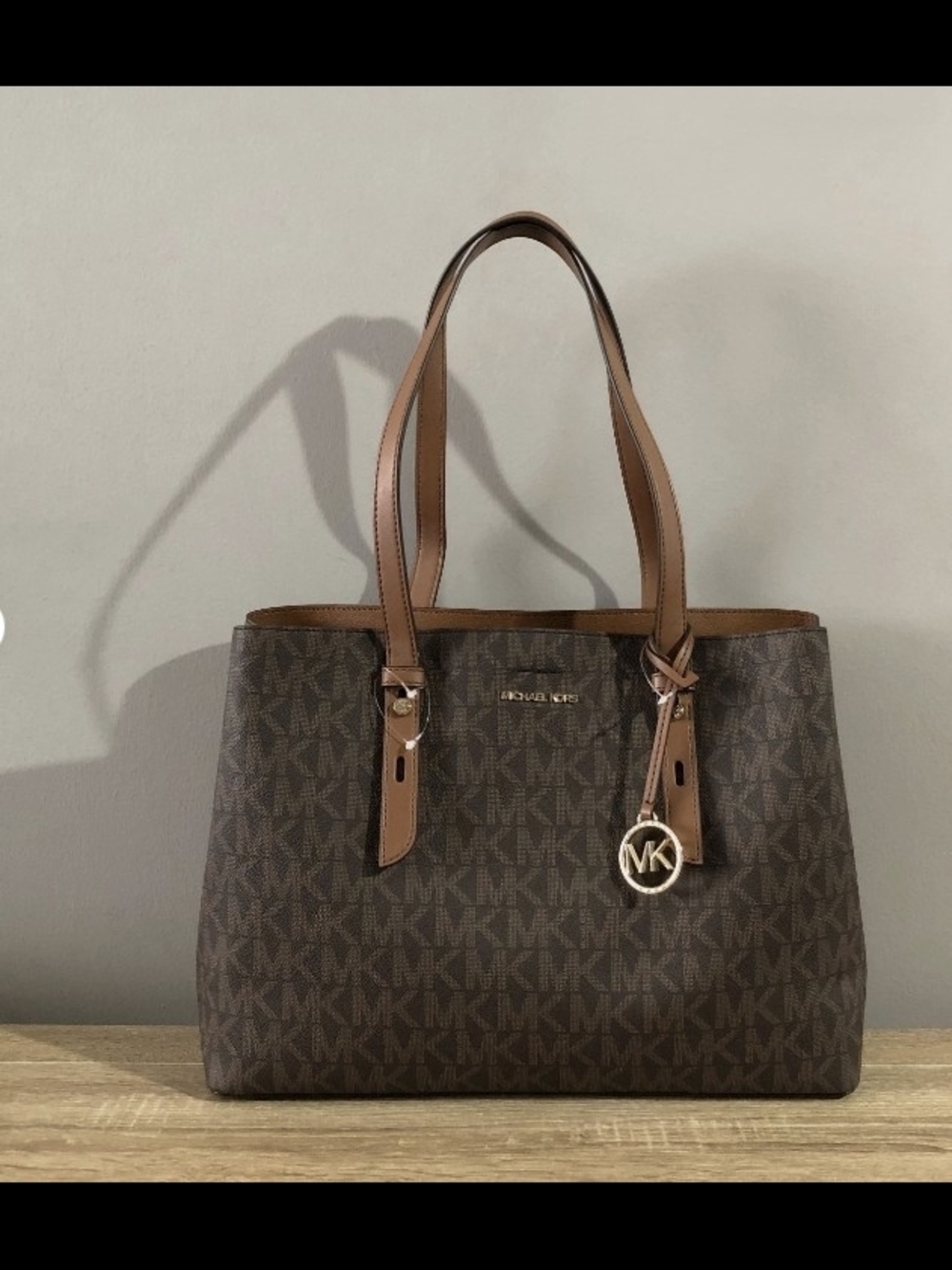 Michael Kors Brown MK Logo Tote with Tan Leather Trim